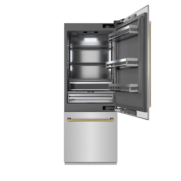 ZLINE Autograph Edition 30 in. 16.1 cu. ft. Built-In Bottom Freezer Refrigerator with Water Dispenser and Ice Maker in Stainless Steel with Graphite Gray Interior and Polished Gold Helix Handles (GRBIVZ-30430KG)