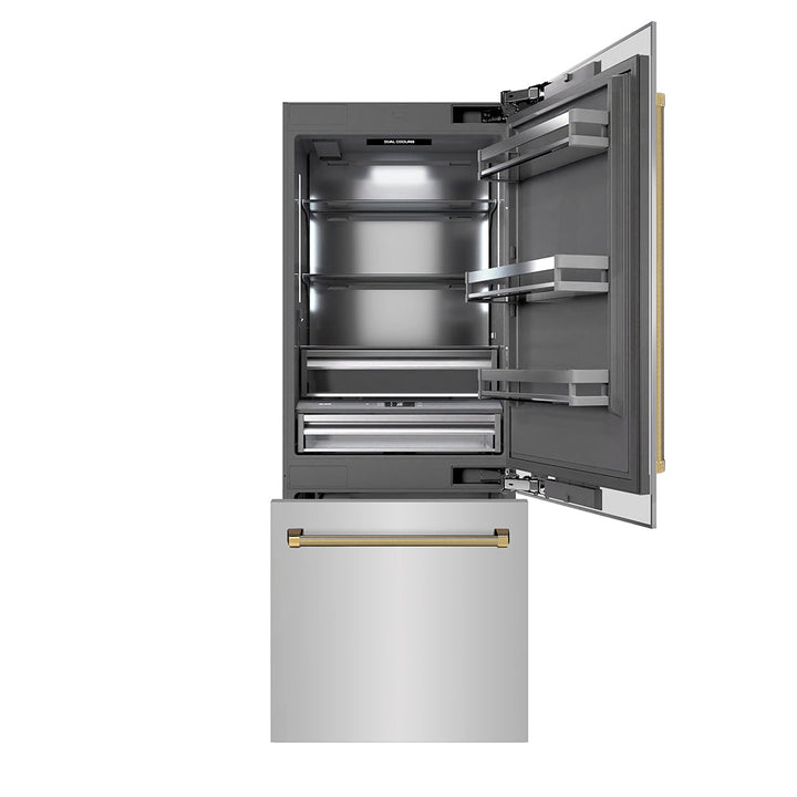 ZLINE Autograph Edition 30 in. 16.1 cu. ft. Built-In Bottom Freezer Refrigerator with Water Dispenser and Ice Maker in Stainless Steel with Graphite Gray Interior and Polished Gold Helix Handles (GRBIVZ-30430KG)