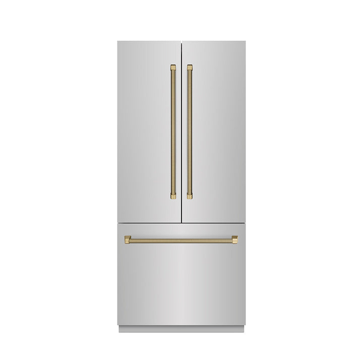 ZLINE Autograph Edition 36 in. 19.6 cu. ft. French Door Built-In Bottom Freezer Refrigerator with Water Dispenser and Ice Maker in Stainless Steel with Graphite Gray Interior and Champagne Bronze Helix Handles (GRBIVZ-30436KCB)