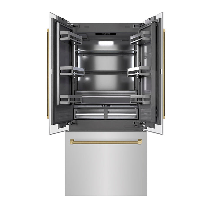 ZLINE Autograph Edition 36 in. 19.6 cu. ft. French Door Built-In Bottom Freezer Refrigerator with Water Dispenser and Ice Maker in Stainless Steel with Graphite Gray Interior and Champagne Bronze Helix Handles (GRBIVZ-30436KCB)