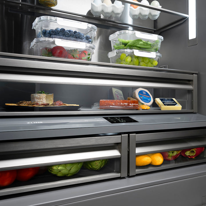 ZLINE Autograph Edition 36 in. 19.6 cu. ft. French Door Built-In Bottom Freezer Refrigerator with Water Dispenser and Ice Maker in Stainless Steel with Graphite Gray Interior and Polished Gold Helix Handles (GRBIVZ-30436KG)