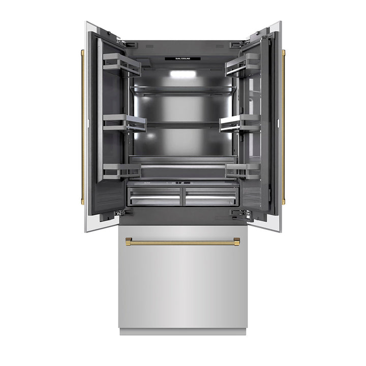 ZLINE Autograph Edition 36 in. 19.6 cu. ft. French Door Built-In Bottom Freezer Refrigerator with Water Dispenser and Ice Maker in Stainless Steel with Graphite Gray Interior and Polished Gold Helix Handles (GRBIVZ-30436KG)