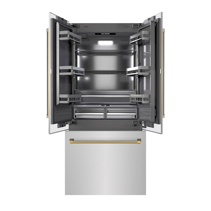 ZLINE Autograph Edition 36 in. 19.6 cu. ft. French Door Built-In Bottom Freezer Refrigerator with Water Dispenser and Ice Maker in Stainless Steel with Graphite Gray Interior and Polished Gold Helix Handles (GRBIVZ-30436KG)