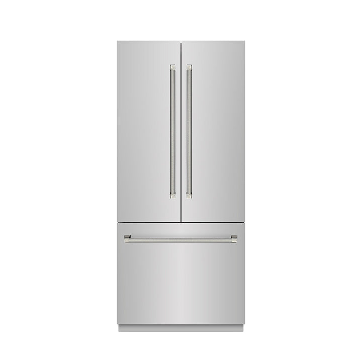 ZLINE Autograph Edition 36 in. 19.6 cu. ft. French Door Built-In Bottom Freezer Refrigerator with Water Dispenser and Ice Maker in Stainless Steel with Graphite Gray Interior and Polished Nickel Helix Handles (GRBIVZ-30436KPN)