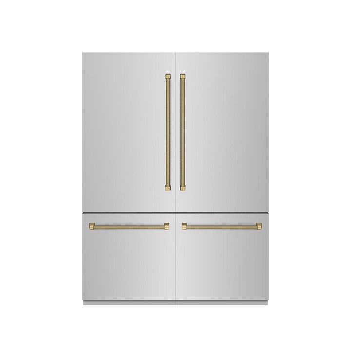 ZLINE Autograph Edition 60 in. 32.2 cu. ft. French Door Built-In Bottom Freezer Refrigerator with Water Dispenser and Ice Maker in Stainless Steel with Graphite Gray Interior and Champagne Bronze Helix Handles (GRBIVZ-30460KCB)