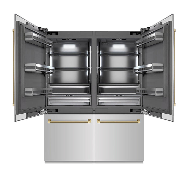 ZLINE Autograph Edition 60 in. 32.2 cu. ft. French Door Built-In Bottom Freezer Refrigerator with Water Dispenser and Ice Maker in Stainless Steel with Graphite Gray Interior and Champagne Bronze Helix Handles (GRBIVZ-30460KCB)