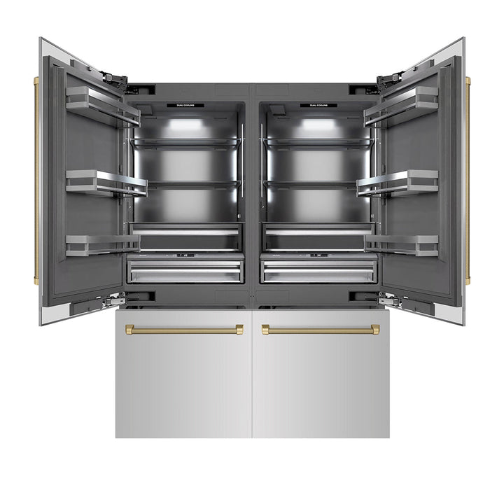 ZLINE Autograph Edition 60 in. 32.2 cu. ft. French Door Built-In Bottom Freezer Refrigerator with Water Dispenser and Ice Maker in Stainless Steel with Graphite Gray Interior and Champagne Bronze Helix Handles (GRBIVZ-30460KCB)