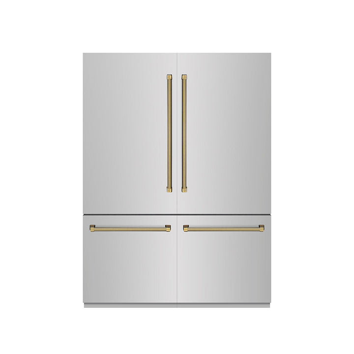 ZLINE Autograph Edition 60 in. 32.2 cu. ft. French Door Built-In Bottom Freezer Refrigerator with Water Dispenser and Ice Maker in Stainless Steel with Graphite Gray Interior and Polished Gold Helix Handles (GRBIVZ-30460KG)