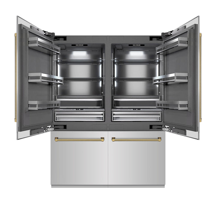 ZLINE Autograph Edition 60 in. 32.2 cu. ft. French Door Built-In Bottom Freezer Refrigerator with Water Dispenser and Ice Maker in Stainless Steel with Graphite Gray Interior and Polished Gold Helix Handles (GRBIVZ-30460KG)