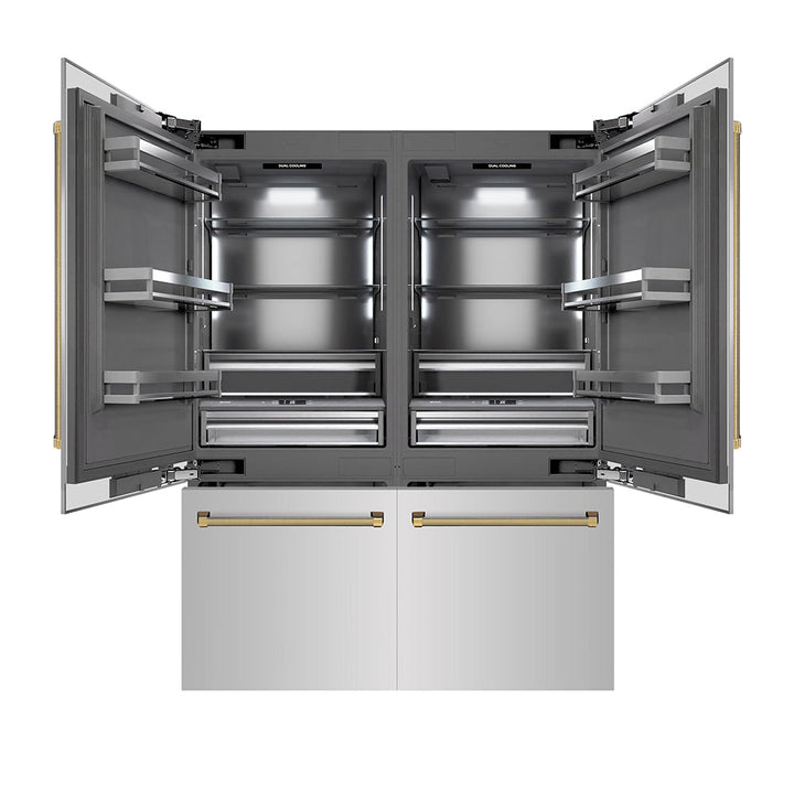 ZLINE Autograph Edition 60 in. 32.2 cu. ft. French Door Built-In Bottom Freezer Refrigerator with Water Dispenser and Ice Maker in Stainless Steel with Graphite Gray Interior and Polished Gold Helix Handles (GRBIVZ-30460KG)