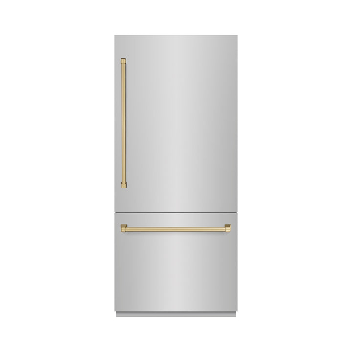 ZLINE Autograph Edition 36 in. 19.8 cu. ft. Built-In Bottom Freezer Refrigerator with Water Dispenser and Ice Maker in Stainless Steel with Champagne Bronze Accents (RBITZ-304-36CB)