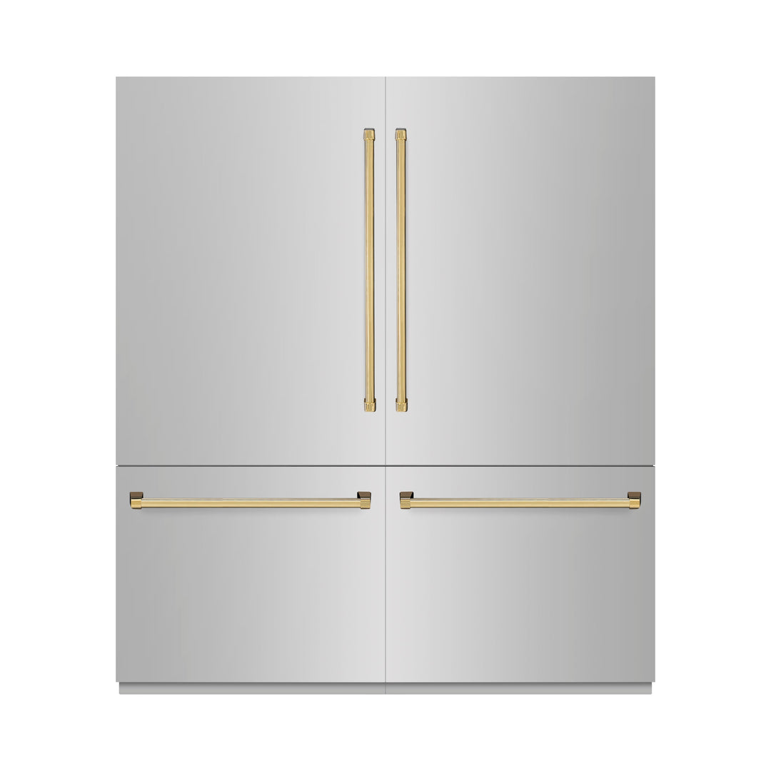 ZLINE Autograph Edition 72 in. 39.6 cu. ft. French Door Built-In Bottom Freezer Refrigerator with Water Dispensers and Ice Makers in Stainless Steel with Polished Gold Accents (RBITZ-304-72G)