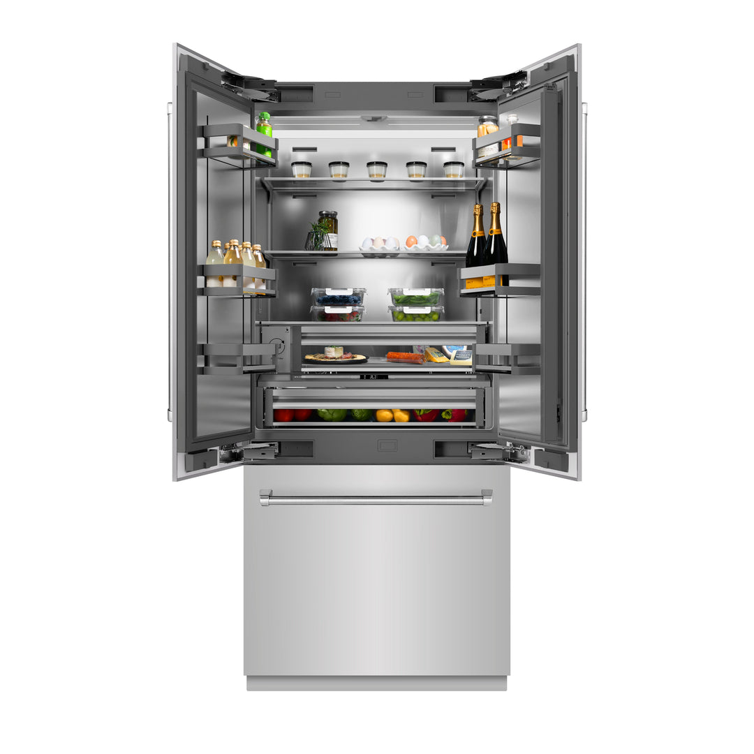 ZLINE 36 in. 19.6 cu. ft. French Door Built-In Bottom Freezer Refrigerator with Water Dispenser and Ice Maker in Stainless Steel with Stainless Steel Interior (SRBIV-304-36)