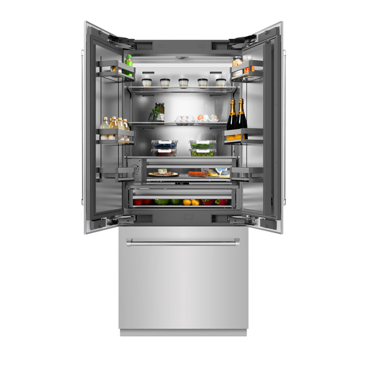 ZLINE 36 in. 19.6 cu. ft. French Door Built-In Bottom Freezer Refrigerator with Water Dispenser and Ice Maker in Stainless Steel with Stainless Steel Interior (SRBIV-304-36)