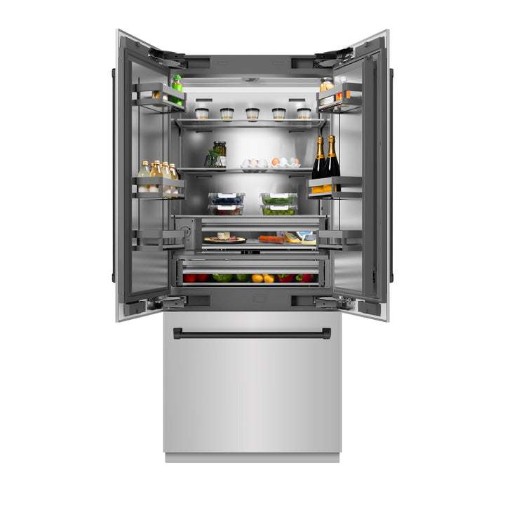 ZLINE Autograph Edition 36 in. 19.6 cu. ft. French Door Built-In Bottom Freezer Refrigerator with Water Dispenser and Ice Maker in Stainless Steel with Stainless Steel Interior and Matte Black Accents (SRBIVZ-304-36MB)
