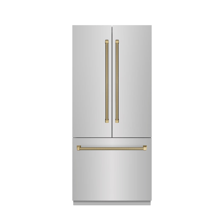 ZLINE Autograph Edition 36 in. 19.6 cu. ft. French Door Built-In Bottom Freezer Refrigerator with Water Dispenser and Ice Maker in Stainless Steel with Stainless Steel Interior and Champagne Bronze Helix Handles (SRBIVZ-30436KCB)