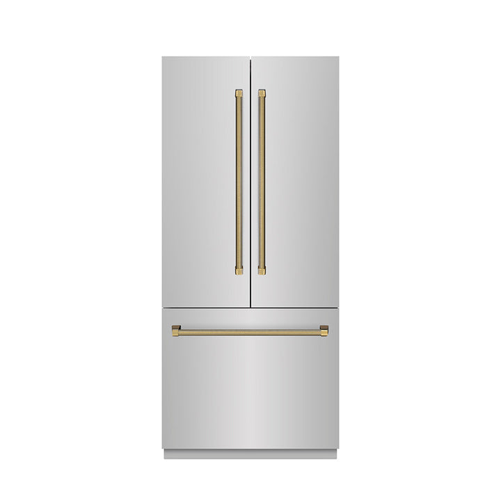 ZLINE Autograph Edition 36 in. 19.6 cu. ft. French Door Built-In Bottom Freezer Refrigerator with Water Dispenser and Ice Maker in Stainless Steel with Stainless Steel Interior and Polished Gold Helix Handles (SRBIVZ-30436KG)