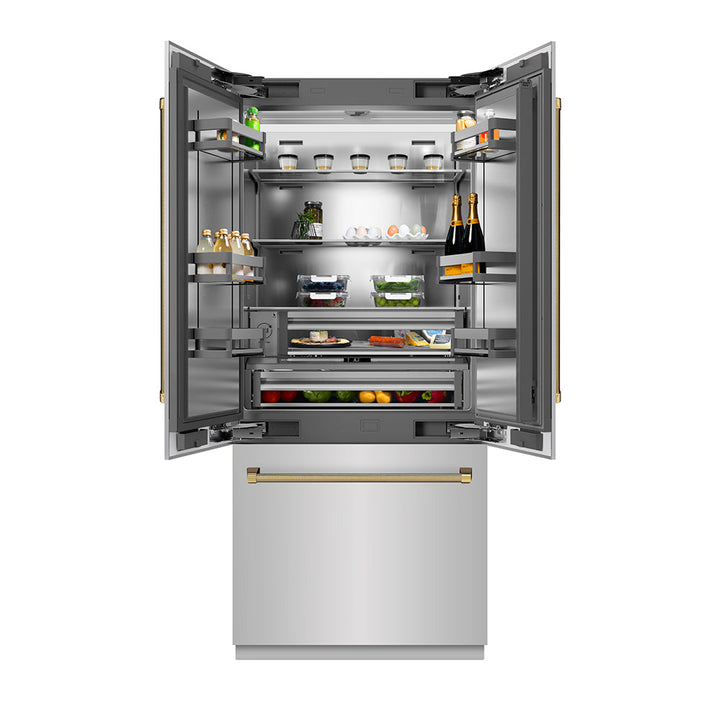 ZLINE Autograph Edition 36 in. 19.6 cu. ft. French Door Built-In Bottom Freezer Refrigerator with Water Dispenser and Ice Maker in Stainless Steel with Stainless Steel Interior and Polished Gold Helix Handles (SRBIVZ-30436KG)