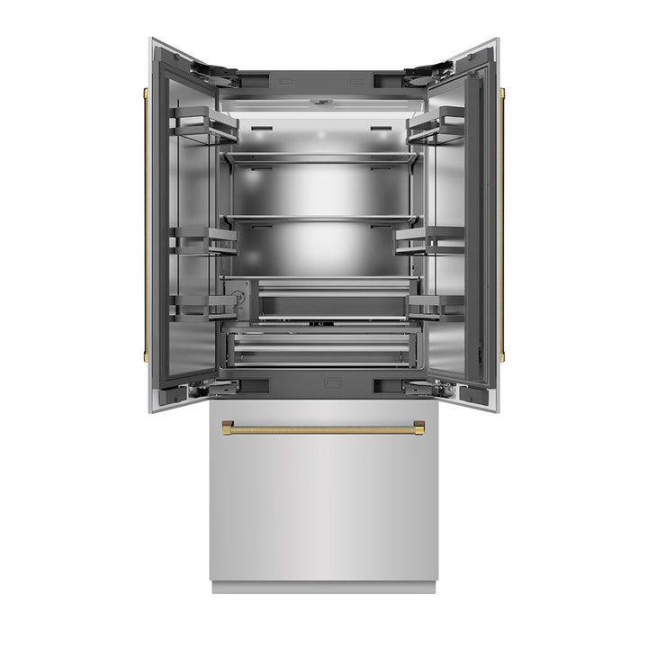 ZLINE Autograph Edition 36 in. 19.6 cu. ft. French Door Built-In Bottom Freezer Refrigerator with Water Dispenser and Ice Maker in Stainless Steel with Stainless Steel Interior and Polished Gold Helix Handles (SRBIVZ-30436KG)