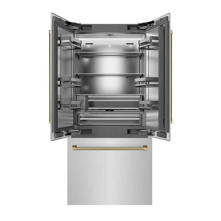 ZLINE Autograph Edition 36 in. 19.6 cu. ft. French Door Built-In Bottom Freezer Refrigerator with Water Dispenser and Ice Maker in Stainless Steel with Stainless Steel Interior and Polished Gold Helix Handles (SRBIVZ-30436KG)