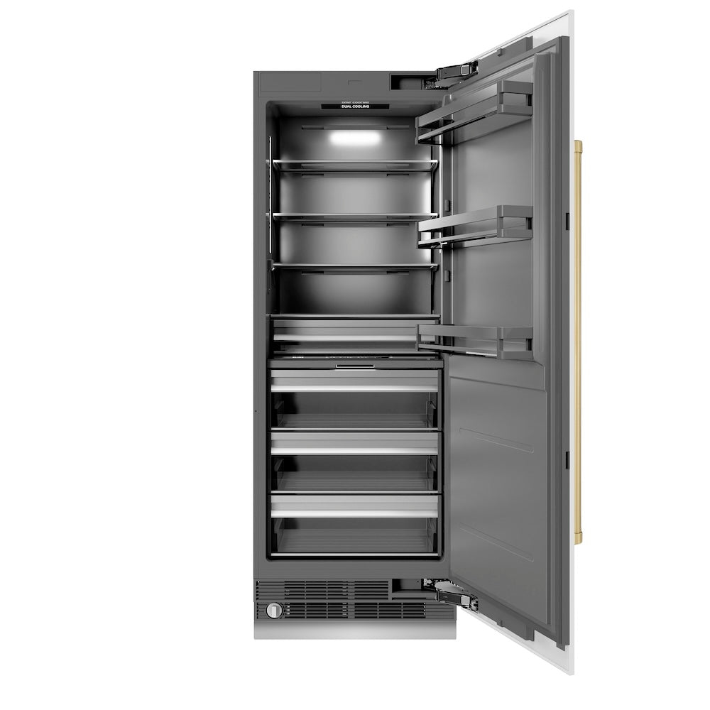 ZLINE Autograph Edition 30 in. 16.7 cu. ft. Column Refrigerator in White Matte with Graphite Gray Interior and Champagne Bronze Accents (RCRVZ-WM-30-CB)