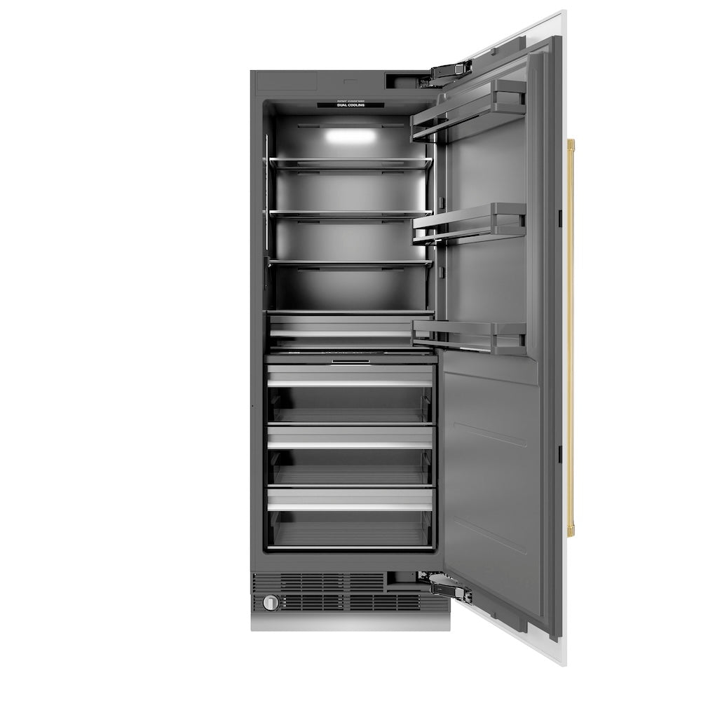 ZLINE Autograph Edition 30 in. 16.7 cu. ft. Column Refrigerator in White Matte with Graphite Gray Interior and Polished Gold Accents (RCRVZ-WM-30-G)