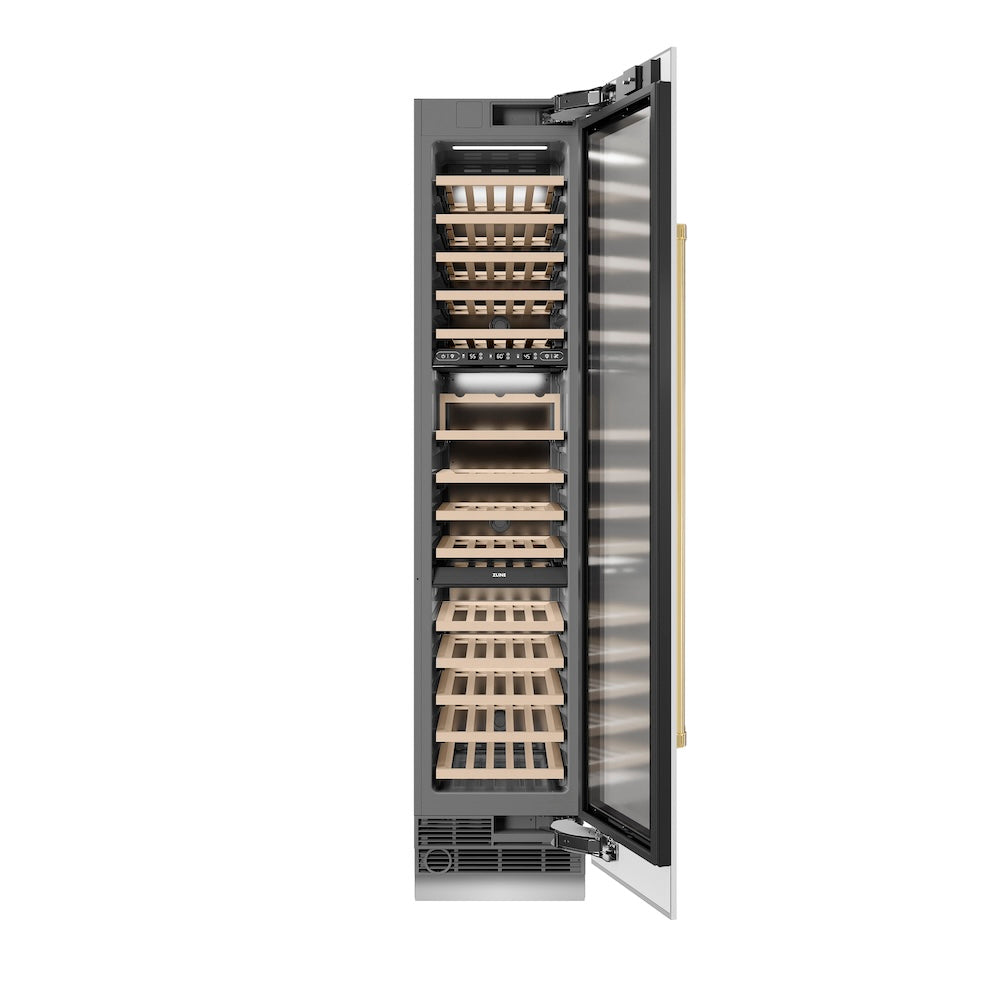 ZLINE Autograph Edition 18 in. 9.0 cu. ft. Triple Zone 68 Bottle Right Hinge Column Wine Cooler in White Matte with Polished Gold Accents (RCWVRZ-WM-18-G)