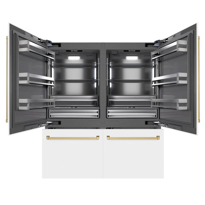 ZLINE Autograph Edition 72 in. 39.6 cu. ft. French Door Built-In Bottom Freezer Refrigerator with Water Dispensers and Ice Makers in White Matte with Graphite Gray Interior and Champagne Bronze Accents (GRBITZ-WM-72-CB)