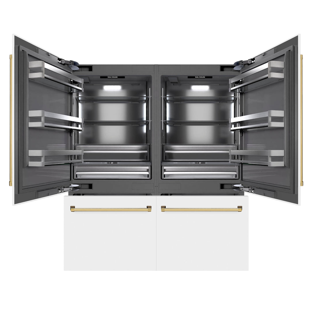 ZLINE Autograph Edition 72 in. 39.6 cu. ft. French Door Built-In Bottom Freezer Refrigerator with Water Dispensers and Ice Makers in White Matte with Graphite Gray Interior and Polished Gold Accents (GRBITZ-WM-72-G)