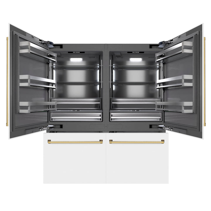 ZLINE Autograph Edition 72 in. 39.6 cu. ft. French Door Built-In Bottom Freezer Refrigerator with Water Dispensers and Ice Makers in White Matte with Graphite Gray Interior and Polished Gold Accents (GRBITZ-WM-72-G)
