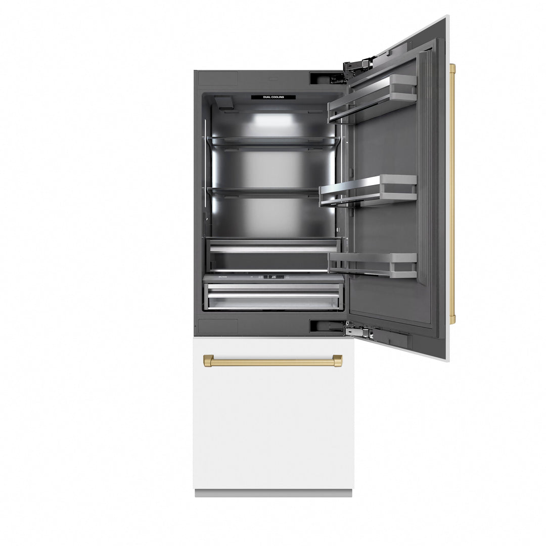 ZLINE Autograph Edition 30 in. 16.1 cu. ft. Built-In Bottom Freezer Refrigerator with Water Dispenser and Ice Maker in White Matte with Graphite Gray Interior and Champagne Bronze Accents (GRBIVZ-WM-30-CB)