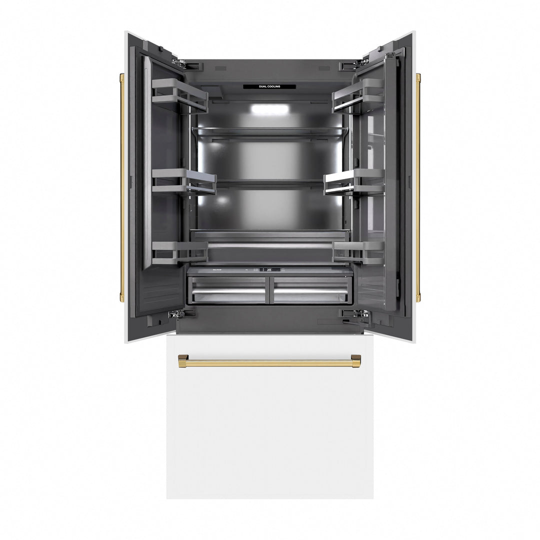 ZLINE Autograph Edition 36 in. 19.6 cu. ft. French Door Built-In Bottom Freezer Refrigerator with Water Dispenser and Ice Maker in White Matte with Graphite Gray Interior and Polished Gold Accents (GRBIVZ-WM-36-G)