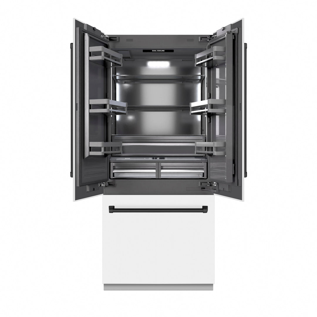 ZLINE Autograph Edition 36 in. 19.6 cu. ft. French Door Built-In Bottom Freezer Refrigerator with Water Dispenser and Ice Maker in White Matte with Graphite Gray Interior and Matte Black Accents (GRBIVZ-WM-36-MB)