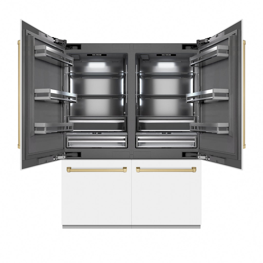 ZLINE Autograph Edition 60 in. 32.2 cu. ft. French Door Built-In Bottom Freezer Refrigerator with Water Dispenser and Ice Maker in White Matte with Graphite Gray Interior and Champagne Bronze Accents (GRBIVZ-WM-60-CB)