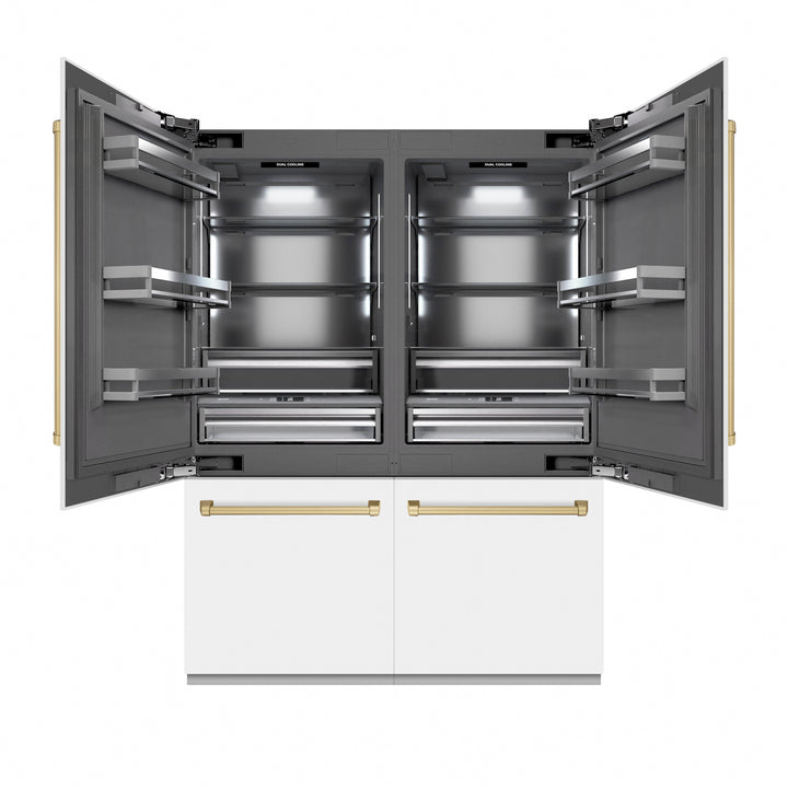 ZLINE Autograph Edition 60 in. 32.2 cu. ft. French Door Built-In Bottom Freezer Refrigerator with Water Dispenser and Ice Maker in White Matte with Graphite Gray Interior and Champagne Bronze Accents (GRBIVZ-WM-60-CB)