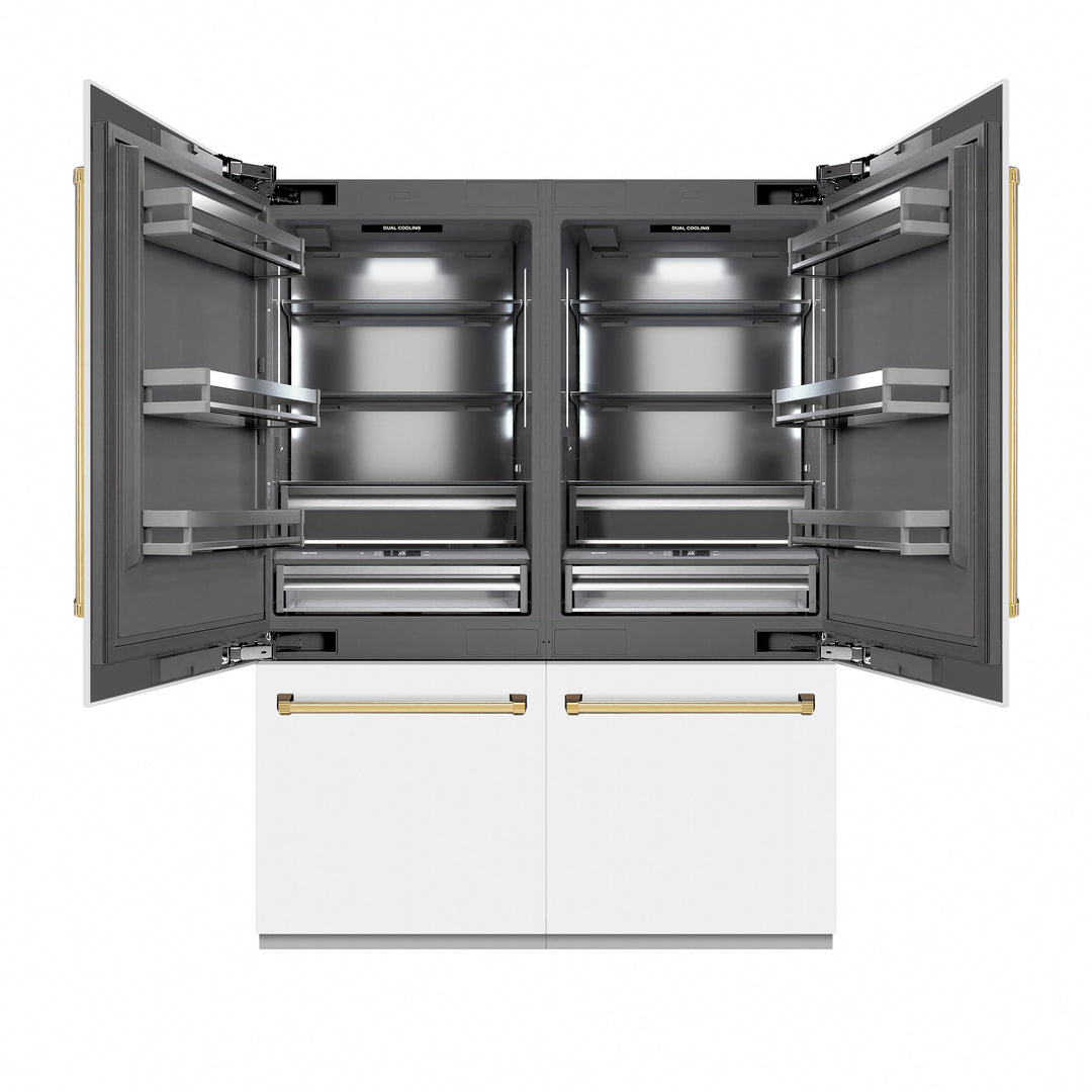 ZLINE Autograph Edition 60 in. 32.2 cu. ft. French Door Built-In Bottom Freezer Refrigerator with Water Dispenser and Ice Maker in White Matte with Graphite Gray Interior and Polished Gold Accents (GRBIVZ-WM-60-G)