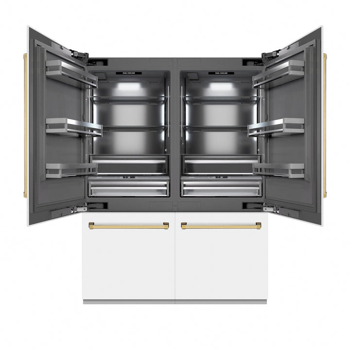 ZLINE Autograph Edition 60 in. 32.2 cu. ft. French Door Built-In Bottom Freezer Refrigerator with Water Dispenser and Ice Maker in White Matte with Graphite Gray Interior and Polished Gold Accents (GRBIVZ-WM-60-G)