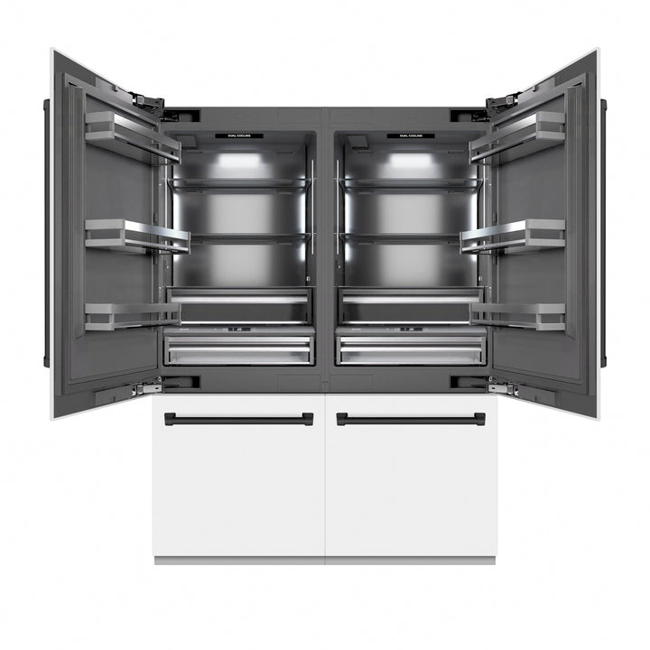 ZLINE Autograph Edition 60 in. 32.2 cu. ft. French Door Built-In Bottom Freezer Refrigerator with Water Dispenser and Ice Maker in White Matte with Graphite Gray Interior and Matte Black Accents (GRBIVZ-WM-60-MB)
