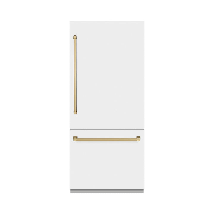 ZLINE Autograph Edition 36 in. 19.8 cu. ft. Built-In Bottom Freezer Refrigerator with Water Dispenser and Ice Maker in White Matte and Champagne Bronze Accents (RBITZ-WM-36-CB)