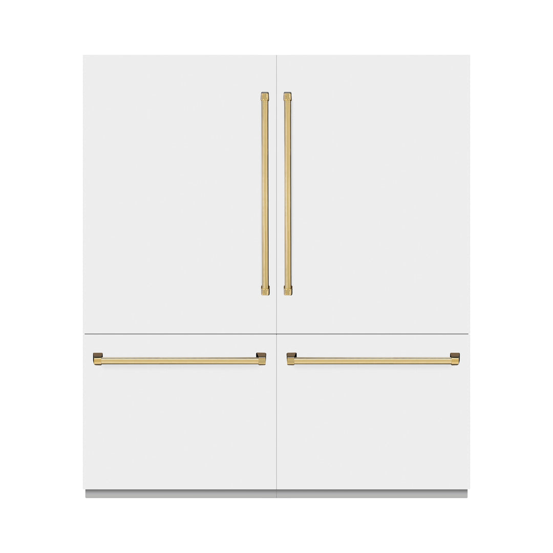 ZLINE Autograph Edition 72 in. 39.6 cu. ft. French Door Built-In Bottom Freezer Refrigerator with Water Dispensers and Ice Makers in White Matte and Polished Gold Accents (RBITZ-WM-72-G)
