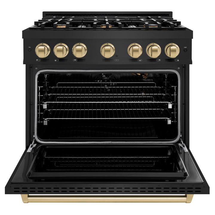 ZLINE Autograph Edition 36" 5.2 cu. ft. Classic Gas Range with 6 Burners in Black Stainless Steel and Champagne Bronze Accents, CGRBZ-36-CB