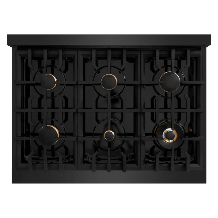 ZLINE Autograph Edition 36" 5.2 cu. ft. Classic Gas Range with 6 Burners in Black Stainless Steel and Champagne Bronze Accents, CGRBZ-36-CB