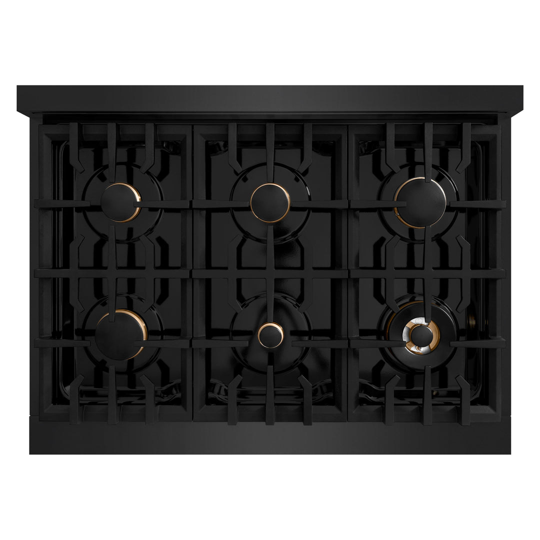 ZLINE Autograph Edition 36" 5.2 cu. ft. Classic Gas Range with 6 Burners in Black Stainless Steel and Polished Gold Accents, CGRBZ-36-G