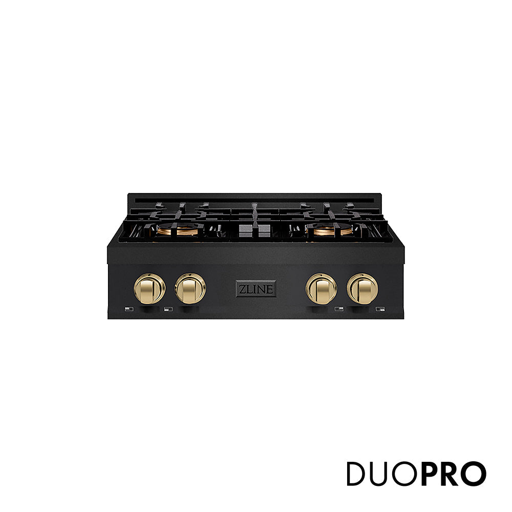 ZLINE Autograph Edition 30 in. Classic Gas Rangetop with 4 Burner DuoProâ„¢ Cooktop in Black Stainless Steel and Champagne Bronze Accents (PCRTBZ-30-CB)