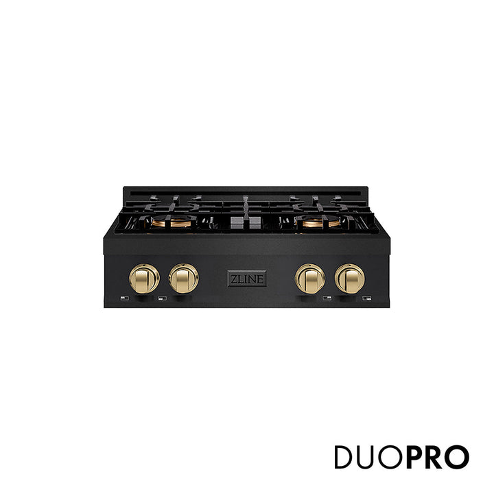 ZLINE Autograph Edition 30 in. Classic Gas Rangetop with 4 Burner DuoProâ„¢ Cooktop in Black Stainless Steel and Champagne Bronze Accents (PCRTBZ-30-CB)