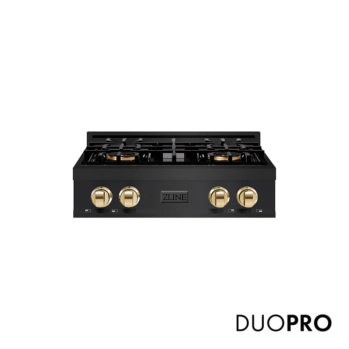ZLINE Autograph Edition 30 in. Classic Gas Rangetop with 4 Burner DuoProâ„¢ Cooktop in Black Stainless Steel and Polished Gold Accents (PCRTBZ-30-G)