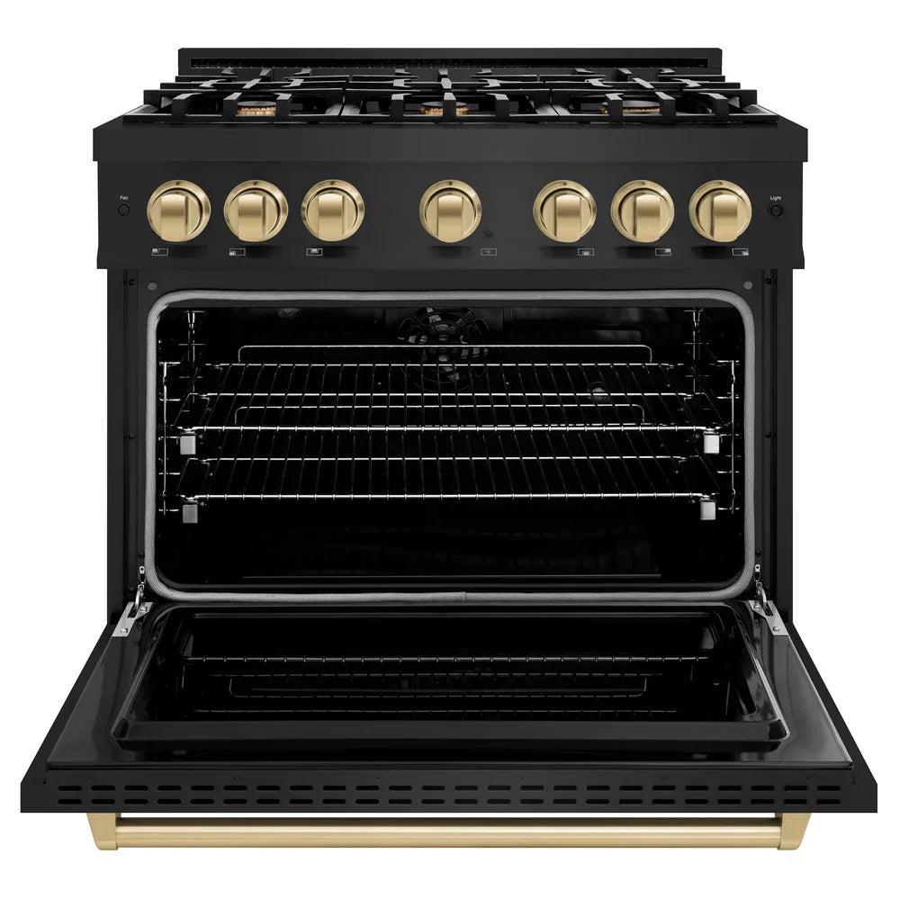 ZLINE Autograph Edition 36" 5.2 cu. ft. Classic Dual Fuel Range with 6 Burners in Black Stainless Steel with Champagne Bronze Accents, CDRBZ-36-CB