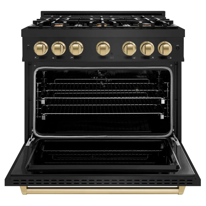 ZLINE Autograph Edition 36" 5.2 cu. ft. Classic Dual Fuel Range with 6 Burners in Black Stainless Steel with Champagne Bronze Accents, CDRBZ-36-CB