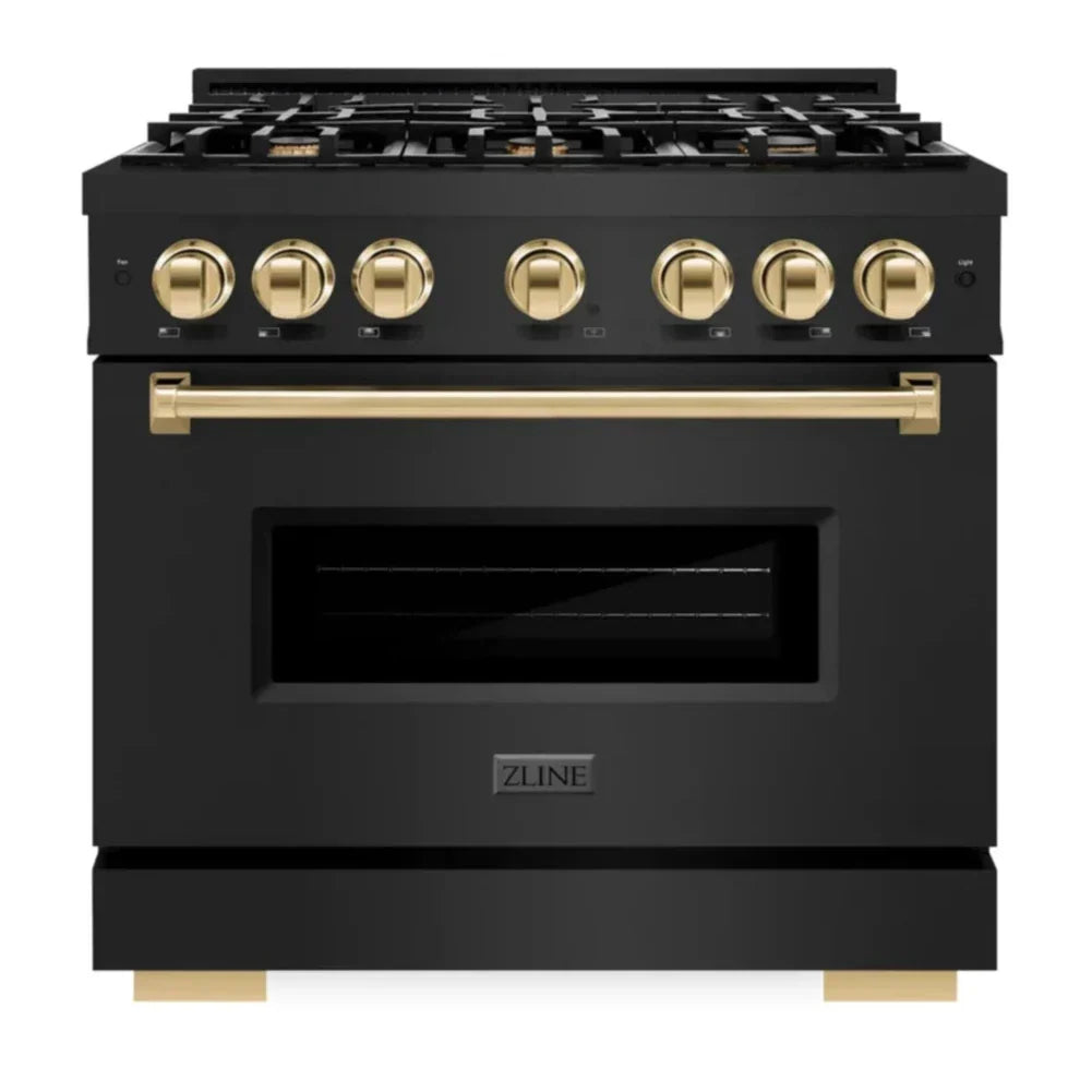 ZLINE Autograph Edition 36" 5.2 cu. ft. Classic Dual Fuel Range with 6 Burners in Black Stainless Steel with Polished Gold Accents, CDRBZ-36-G