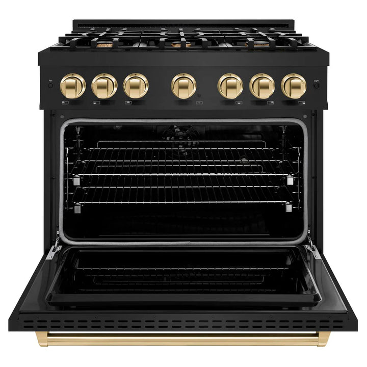 ZLINE Autograph Edition 36" 5.2 cu. ft. Classic Dual Fuel Range with 6 Burners in Black Stainless Steel with Polished Gold Accents, CDRBZ-36-G